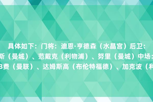 具体如下：门将：迪恩·亨德森（水晶宫）后卫：努内斯（曼城）、迪亚斯（曼城）、范戴克（利物浦）、努里（曼城）中场：戈麦斯（布莱顿）、B费（曼联）、达姆斯高（布伦特福德）、加克波（利物浦）先锋：贝托（埃弗顿）、埃基蒂克（利物浦）    体育集锦